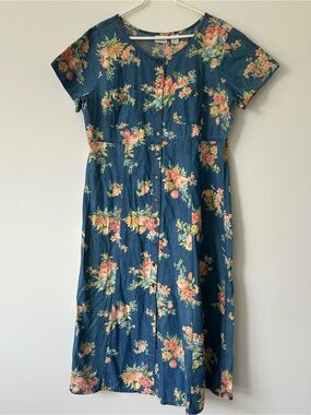 Vintage Liz Claiborne Floral Maxi Button Up Garden Denim Short Sleeve Dress